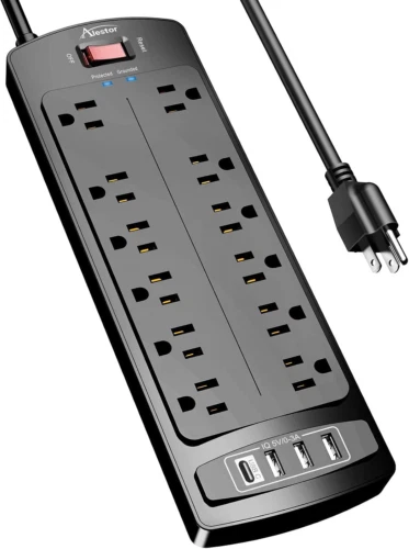 Power Strip, ALESTOR Surge Protector with 12 Outlets and 4 USB 6 6 Ft, Black