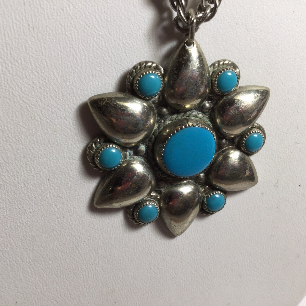 VINTAGE SIGNED BELL TRADING POST NICKEL SILVER & TURQUIOSE PENDANT