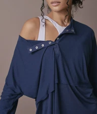 Free People Movement Navy Blue Layered Design Twice As Nice Henley Top Sz XS