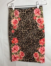 Bold Elements Cut to Curve Animal Print Leopard Floral Skirt M Elastic Waist