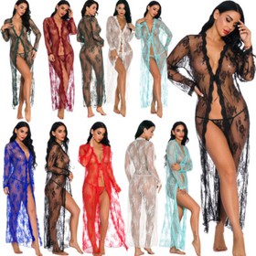 Sexy Lingerie Women Long Lace Kimono Robe Dress Sheer Gown See-Through Sleepwear
