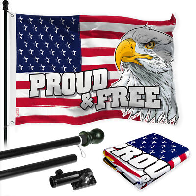 G128 Combo: 6 Ft Flagpole Black & USA Proud & Free Eagle Flag 3x5Ft Printed Poly
