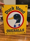VINTAGE DUCK HEAD OVERALLS PORCELAIN SIGN GAS OIL FARM BIRD HUNTING CARHARTT