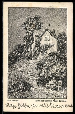Artist postcard Ubbelohde: When the warm nights come, man sitting on bench 
