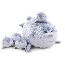 Chubby Blob Seal Pillow Cute Seal Plush with 4 Baby Plushies in Her Gray