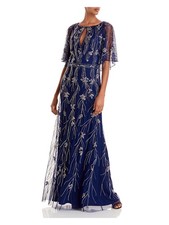 AIDAN MATTOX Womens Navy Flutter Keyhole Full-Length Evening Fit + Flare Dress 2