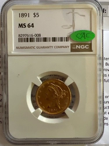 1891 $5 Liberty Head Gold Coin NGC MS 64 CAC – Rare TOP POP only 5 higher