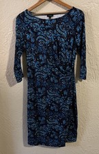 Talbots Sheath Dress Womens MP Petite Blue Multi Paisley Print Ruched Waist
