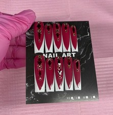 Extra Long square Press on nails white deep v French tips rhinestones burgundy