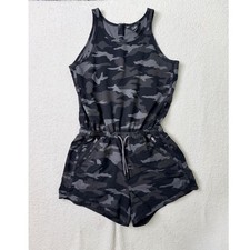 Athleta Girl Camo Romper Gray Black Sleeveless Drawstring Waist Size L 12 531744