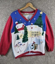 Vintage Quacker Factory Christmas Scene Angel Peace Cardigan Sweater Size Large