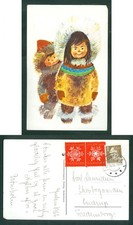 Dinamarca. Tarjeta de Navidad 1966. 2 x Seal Cat + 40 Ore. Niños Groenlandeses.