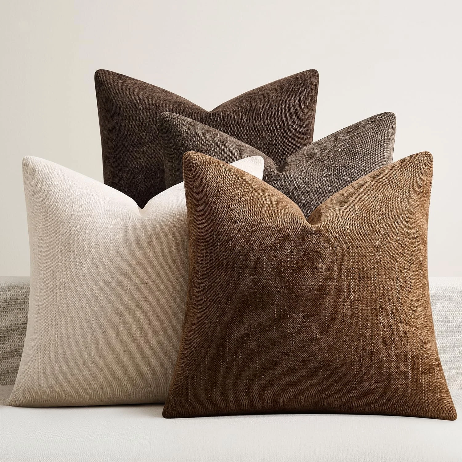 Pack of 4 Throw Pillow Covers 18x18 Inch Chenille Textured Neutral Brown Soft...
