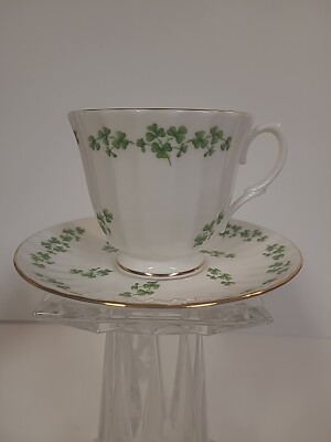 Duchess Footed Cup and Saucer Green Shamrocks on White China Gold Trim 