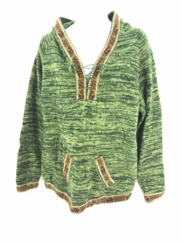 Handmade 100% Alpaca Wool Knit Sweater  Made in Bolivia Womens Lg Green Hooded - Afbeelding 1 van 12