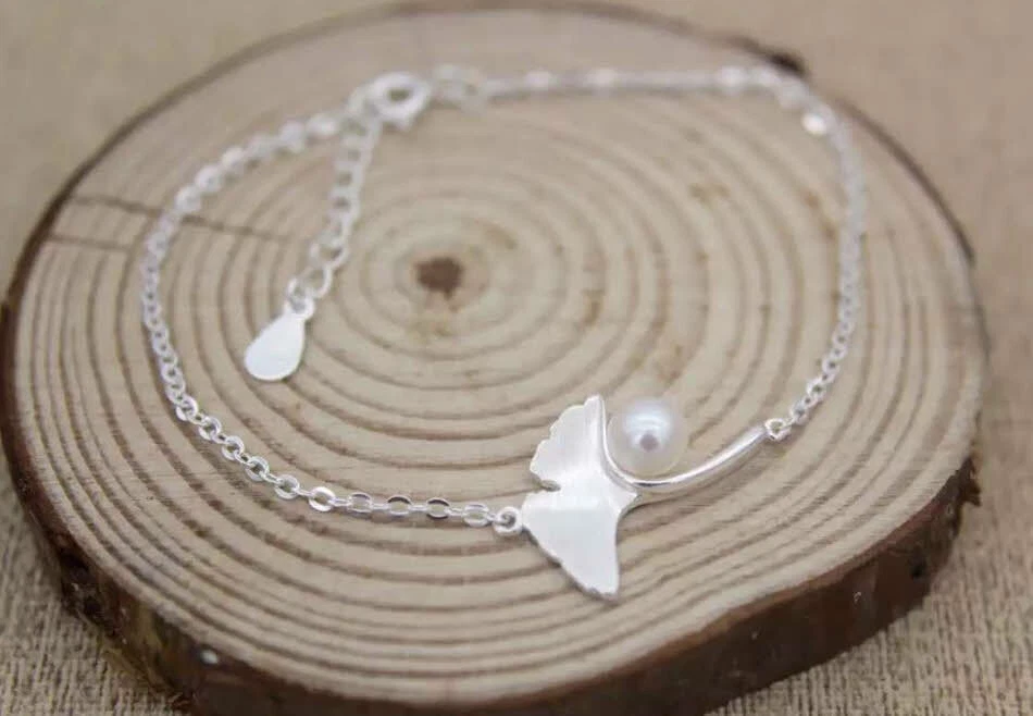 B18 Set Gioielli Bracciale Catena Anello Foglia di Ginkgo Perla Argento Sterling - Immagine 4 di 4