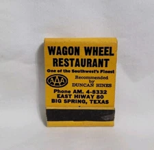 Vintage Matchbook Wagon Wheel Restaurant Big Spring Texas Advertising Matches