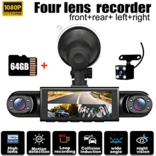 HD 1080P 360° Dash Cam 4 Channel Driving Recorder Car Front+Rear Camera +64GB
