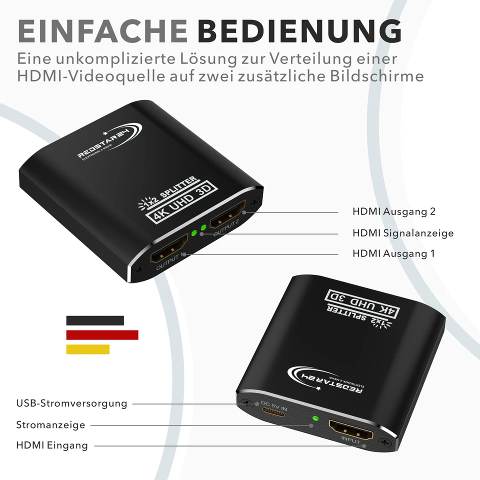 HDMI Splitter 4K@60Hz, 1 In 2 Out HDMI Verteiler Aluminium, unterstützt HDCP, 4K - Bild 4 von 4