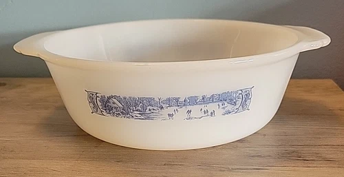 Vintage Currier Ives Marcrest Round Casserole Dish 6 C 1.5 QT Ice Skating Scene