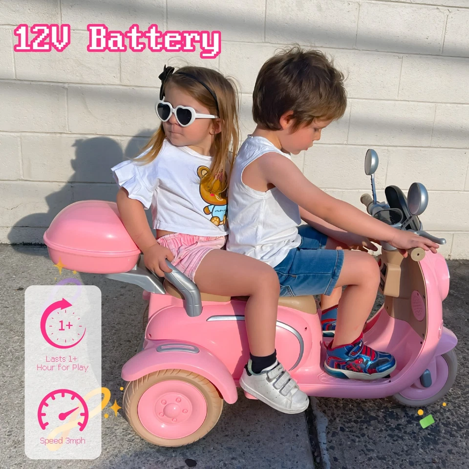 Pink 12v Kids Ride On Motorcycle Girl Moped Battery Electric Motorbike with LED - Image 2 of 4