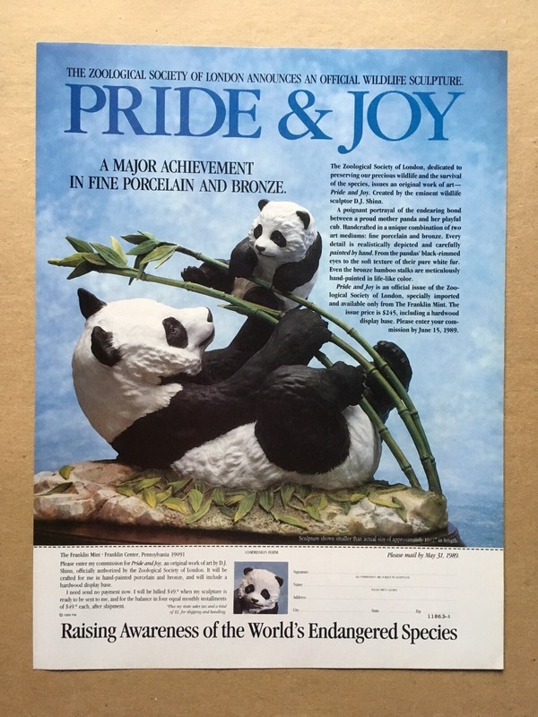 1989 PRIDE & JOY Pandas Franklin Mint Original Print Ad w/Order Form, 8.25"x11"