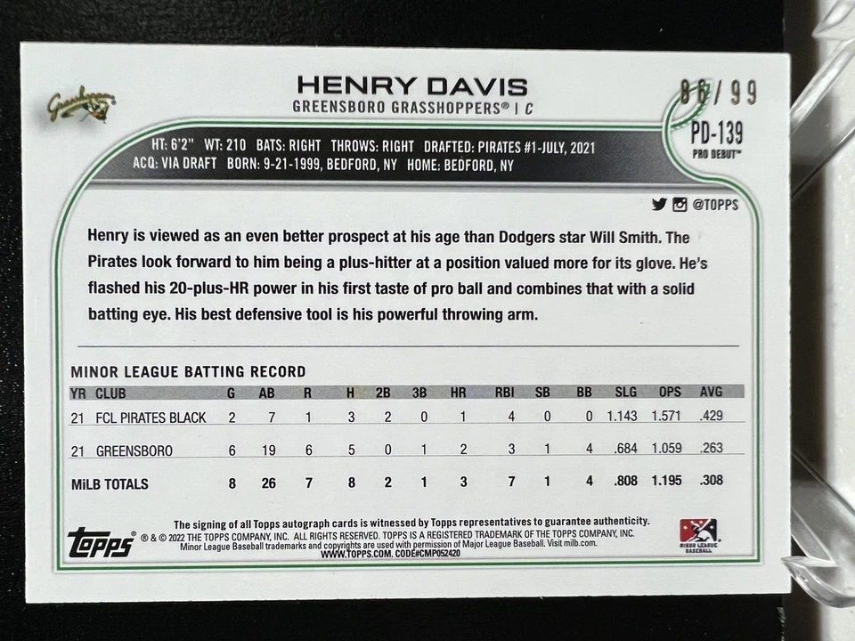 Henry Davis 2022 Topps Pro Debut Rookie auto /99 Pirates SGC MINT 9🎁✔ - Image 4 of 4
