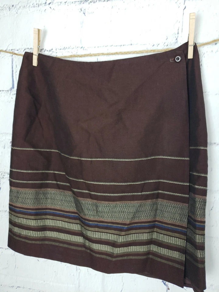 Falda envolvente Peter Nygard vintage de mezcla de lino marrón talla 14 forrada a rayas cintura 32" Foto 2 de 4