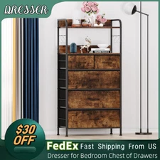 5 Drawer Fabric Dresser w/ 2 Tier Shelf Storage Tower side Hooks for Bedroom