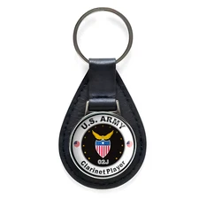 US Army Clarinet Player Black Leather Keychain Silver Keyring Military Gift