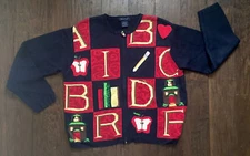 EAGLES EYE SWEATER Sz L TEACHER SCHOOL LEARNING BOOKS APPLES KNIT ZIP CARDIGAN