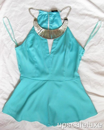 BEBE BLUE NORA GOLD NECKLACE PEPLUM NEW NWT TOP XSMALL