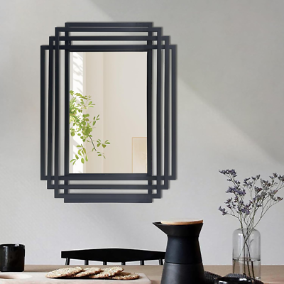 Miroir Mural Art Déco 24x18 Pouces - Cadre Métal Noir Géométrique, Pour Salle De Bain Ou Décoration