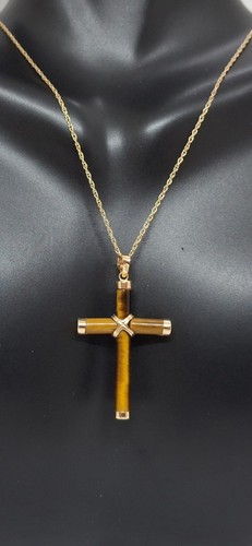 Tiger's Eye Cross Pendant/Necklace 14k 18" Yellow Gold ROPE Chain Cross LOVER - Picture 7 of 13