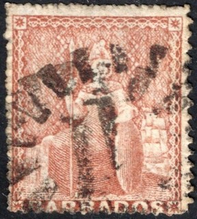 BARBADOS: 1865 4d Dull Brown Red Sg 26 Average Used Cat £85