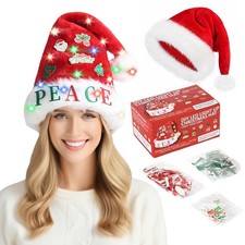 Light Up Santa Hat with DIY Stickers, Extra Thick Velvet Christmas Hat for Ad...