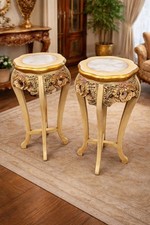 Pair Gilt Rococo Style Marble Top Plant Stands Torchere Tables
