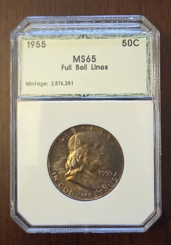 1955 Franklin half dollar FBL orange and blue toning