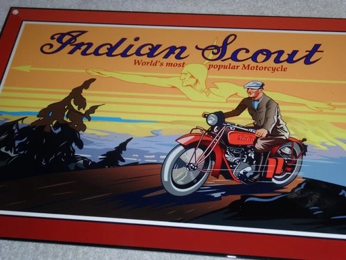 VINTAGE "INDIAN SCOUT WORLD'S MOST POPULAR MOTORCYCLE" METAL GASOLINE & OIL SIGN
