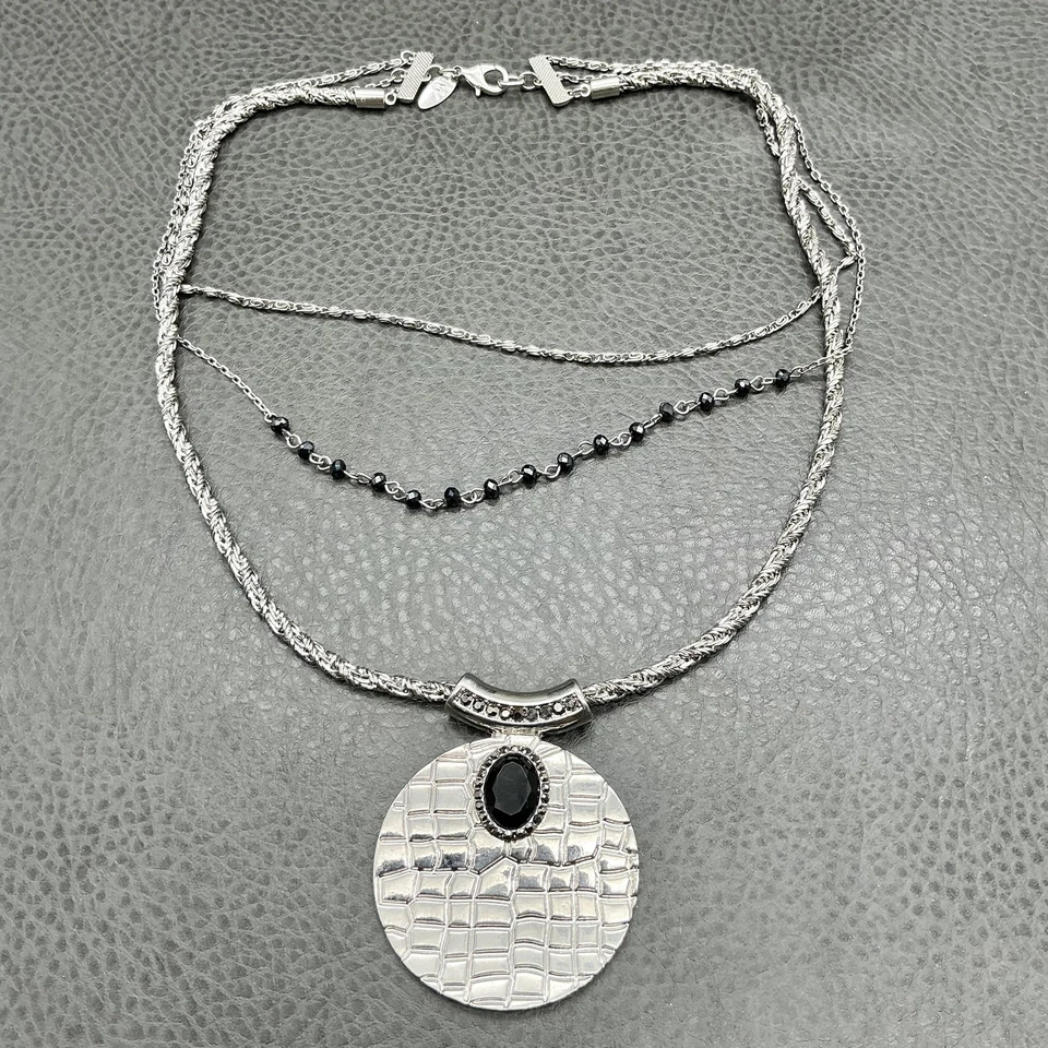 NY Multi Strand Statement Necklace Silver Tone Black Beads Oval Stone Pendant - Image 2 of 4