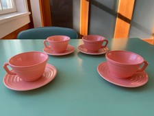 HAZEL ATLAS MODERNTONE PLATONITE PASTEL PINK TEA CUP  SAUCER - SET OF 4