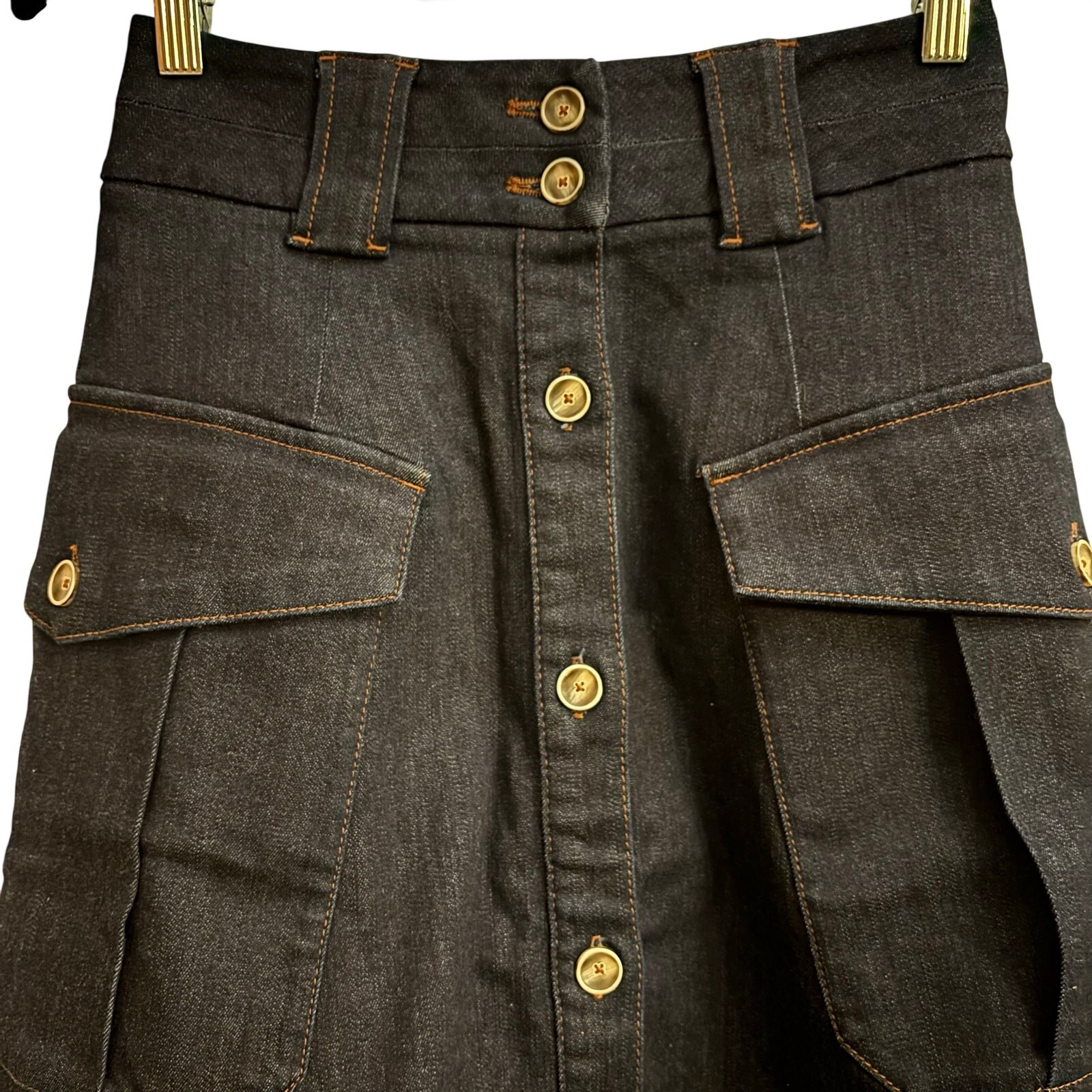 Massimo Dutti Women’s Dark Wash Button Front Cargo Denim Skirt Stretch 4 thumbnail 3