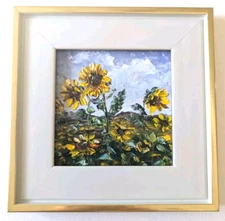 Original OIL  Impasto PAINTING "SUNFLOWERS" Impressionism 4"x4"by Olga Diduh