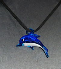 Dolphin Pendant Necklace Blue White Lampwork Glass W/ Suede Chain Sea New