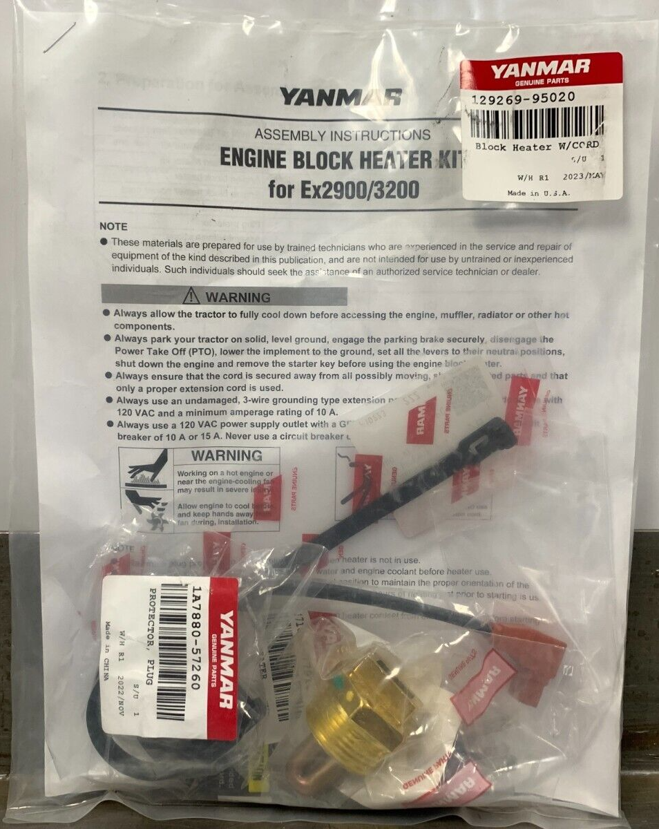 New Yanmar Block Heater with Cord OEM 129269-95020 for Ex2900