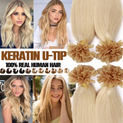 100% Real Remy Hair Keratin Nail U Tip Glue Human Hair Extensions Pre Bonded US