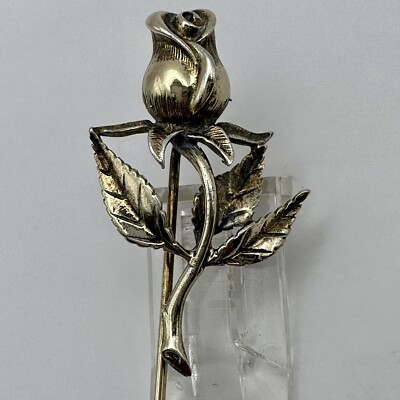 Sterling Silver Rose Silver Flower Lapel Pin Mid Century 925