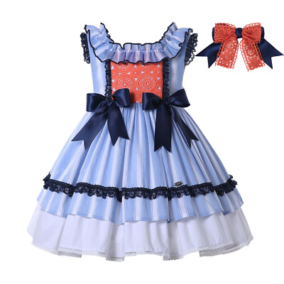 Dress Girls Age 2 3 4 5 6 8 10 12 Double Layers Blue White Girl Spanish  Dresses | eBay