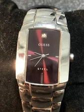 Guess Women’s Watch Rectangle Stainless Steel 27mm Purple Dial New Battery