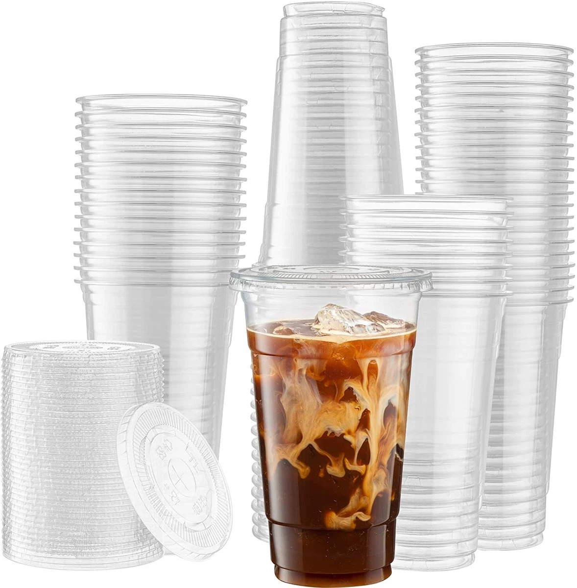 24 Oz Disposable Plastic To Go Cups with Flat Lids and Straws - For Parties